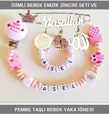 Sahi Aksesuar İsimli Bebek Emzik Zinciri Seti ve Pembe Taşlı Bebek Yaka İğnesi