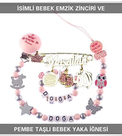 Sahi Aksesuar İsimli Bebek Emzik Zinciri Seti ve Pembe Taşlı Bebek Yaka İğnesi