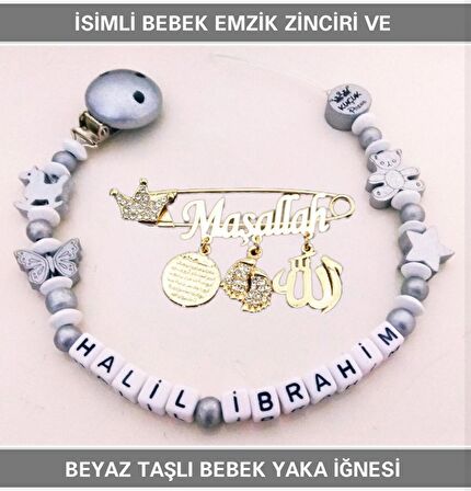 Sahi Aksesuar İsimli Bebek Emzik Zinciri ve Beyaz Taşlı Bebek Yaka İğnesi