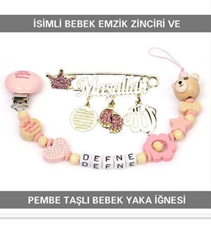 Sahi Aksesuar İsimli Bebek Emzik Zinciri ve Pembe Taşlı Bebek Yaka İğnesi