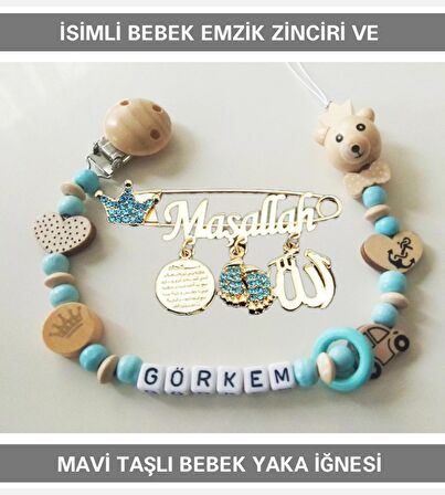 Sahi Aksesuar İsimli Bebek Emzik Zinciri ve Mavi Taşlı Bebek Yaka İğnesi