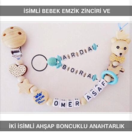 Sahi Aksesuar İsimli Bebek Emzik Zinciri ve İki İsimli Anahtarlık Seti