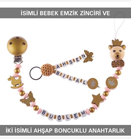 Sahi Aksesuar İsimli Bebek Emzik Zinciri ve İki İsimli Anahtarlık Seti