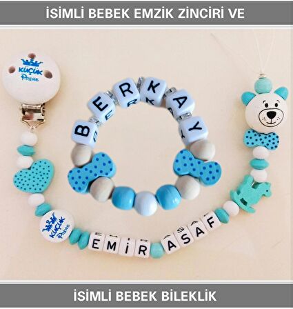 Sahi Aksesuar İsimli Bebek Emzik Zinciri ve Bebek Bileklik Seti