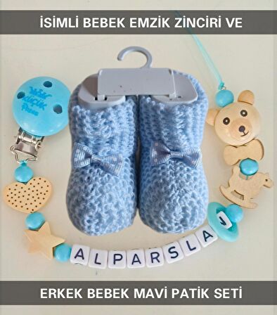 Sahi Aksesuar İsimli Bebek Emzik Zinciri ve Erkek Bebek Mavi Patik Seti