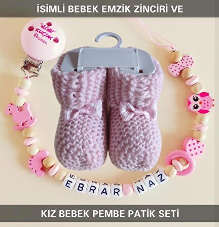 Sahi Aksesuar İsimsiz Bebek Emzik Zinciri ve Kız Bebek Pembe Patik Seti