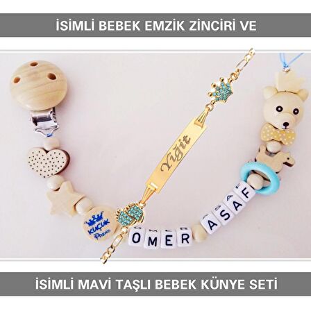 Sahi Aksesuar İsimli Bebek Emzik Zinciri ve İsimli Bebek Künye Seti BEZYI602
