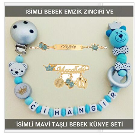 Sahi Aksesuar İsimli Bebek Emzik Zinciri ve İsimli Bebek Künye Seti BEZYI737