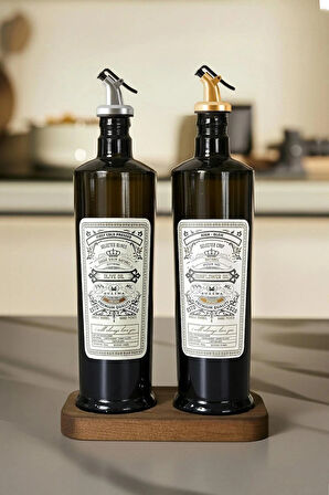 Siyah İtalyan Cam 750 ml 2'li Yağdanlık Seti - Ahşap Standlı -Damlatmaz Kapaklı Zeytinyağı Sıvıyağ