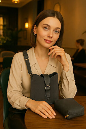 Lüks Süet Deri Detaylı Omuz Çantası & Makyaj Çantası Hediyeli