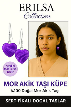 Sertifikalı Kalp Model Mini Mor Akik Taşı Doğal Taş Küpe – Koruma, Denge ve Ruhsal Şifa Taşı