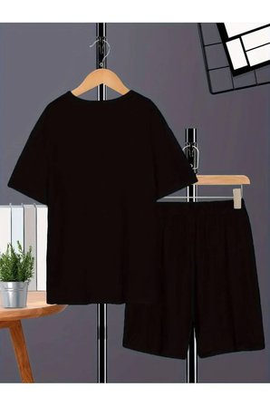 King Taç Baskılı Pamuklu Çocuk Siyah Şort T-shirt Takım - Kız Erkek Çocuk Yazlık Bisiklet Yaka