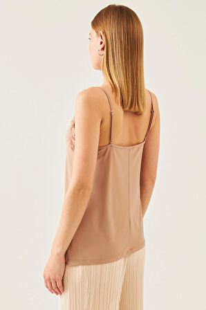 Kadın Kahverengi İp Askılı Dantelli Bluz