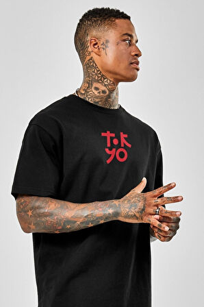 Oversize Tokyo Baskılı Siyah Tshirt