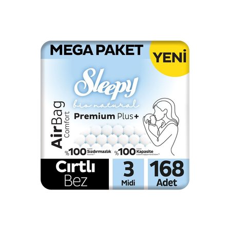 Sleepy Bio Natural Premium Plus Airbag Comfort Mega Paket Bebek Bezi 3 Numara Midi 168 Adet
