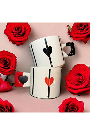 2'li Siyah & Kırmızı Zarif Kalp Baskılı Kupa / Mug Set