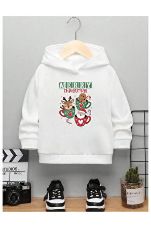 Çocuk Tasarım Merry Yılbaşı Geyik Baskılı Kapüşonlu Sweatshirt Pamuklu
