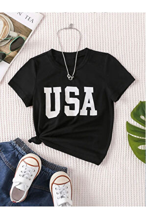 USA Baskılı Pamuklu Kız/Erkek Çocuk Tişört 3-13 Yaş