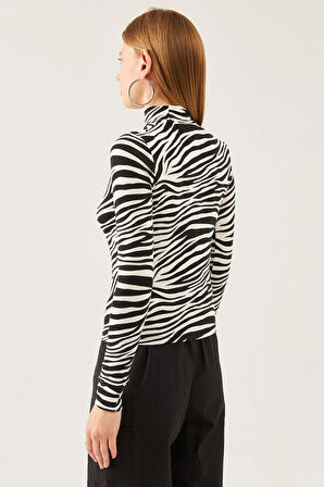 Kadın Beyaz Siyah Desenli Dik Yaka Uzun Kol Viskon Bluz