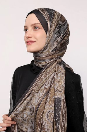 LuvenSara Etnik Desenli Hint İpeği Şal Siyah