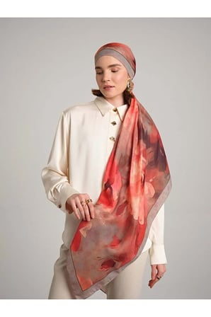Ayshara Şakayık Çift Taraflı Şal Çiçek Desenli Turuncu 72x190 cm