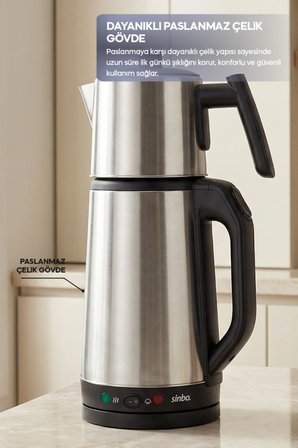 Sinbo STM-5850 Elektrikli Çay Makinesi 1500W Paslanmaz Çelik Çaycı 1.8L 2in1 Çay Makinesi
