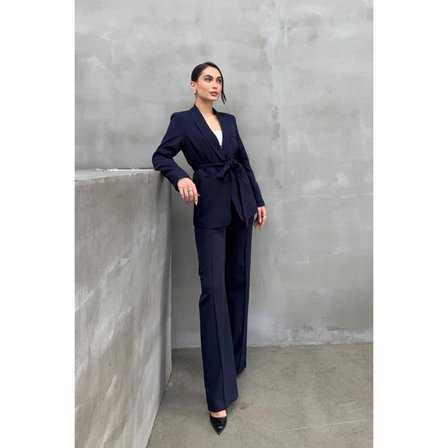 Kadın İkili Kuşaklı Blazer Ceket Pantolon Takım Koyu Lacivert