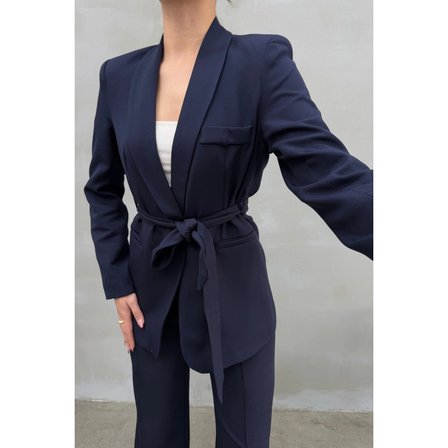 Kadın İkili Kuşaklı Blazer Ceket Pantolon Takım Koyu Lacivert