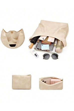 Kadın Omuz Çantası Büyük Kapasiteli Çok Yönlü yumuşak deri yavrulu cüzdanlı salaş çanta