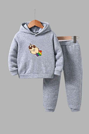 Unisex Çocuk Gri Kapüşonlu Sweatshirt ve Eşofman Altı Takımı Uçan Köpek Baskılı