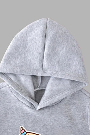 Unisex Çocuk Gri Kapüşonlu Sweatshirt ve Eşofman Altı Takımı Uçan Köpek Baskılı