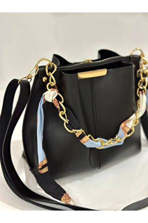 Kadın Fularlı Zincir Aksesuarlı Yumuşak Deri 3 Bölmeli El Kol Ve Omuz Çantası