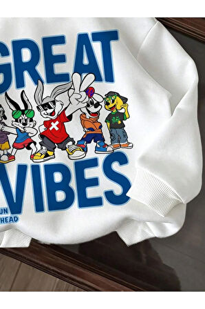 Kız\Erkek Çocuk Beyaz Great Vibes Baskılı Kapşonlu Sweatshirt