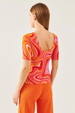 Kadın Turuncu Krema Desen U Yaka Kısa Kol Viskon Bluz