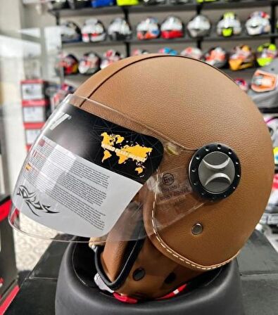 Sway 701 Deri Kaplı Yarı Camlı Elektrikli Bisiklet Motosiklet Scooter Kaskı XL Beden Kahve