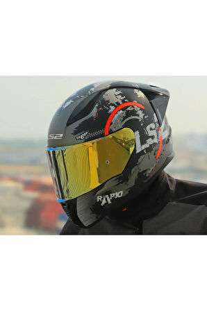 RAPID 2 RACE CIRCLE KAPALI MOTOSİKLET KASKI MAT SİYAH-KIRMIZI GOLD CAM