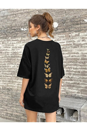 Gramix Kadın Siyah Sırt Detay Kelebek Baskılı Oversize T-shirt