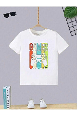 Çocuk Tasarım Gamer Yazı Baskılı T-Shirt Şort Alt Üst Takım %100 Pamuk