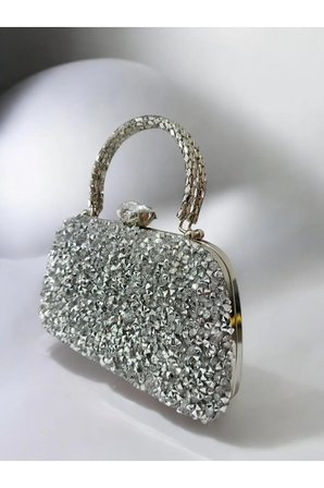 Kadın Gümüş Kristal Taşlı Abiye Çanta Clutch Portföy Zincir Askılı Düğün Nişan Gece Çantası