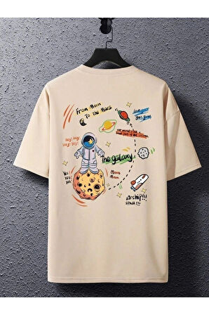 Unisex Siyah Arkası Gezegen Baskılı Oversize Bisiklet Yaka Tshirt