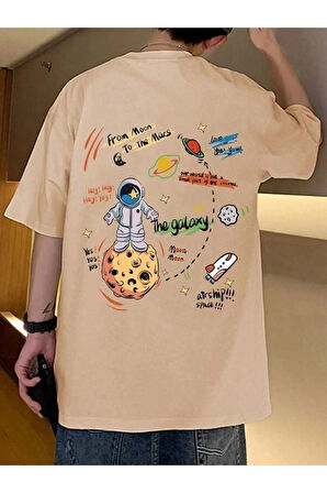 Unisex Siyah Arkası Gezegen Baskılı Oversize Bisiklet Yaka Tshirt