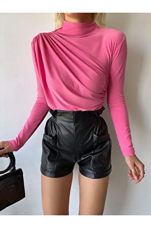 Kadın Pembe Dik Yaka Sandy Kumaş Büzgü Detaylı Bluz