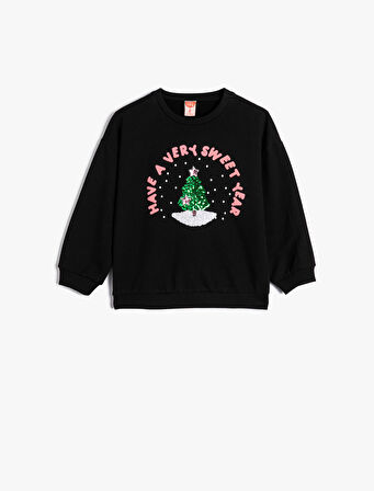 Kız Bebek Sweatshirt Yılbaşı Temalı Pullu Payetli Şardonlu Pamuklu