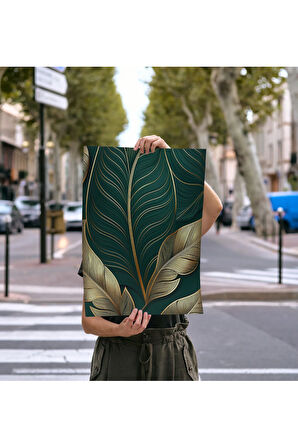 Çerçevesiz Poster, Dijital Baskı Soyut , Zümrüt ve Altın Yaprak