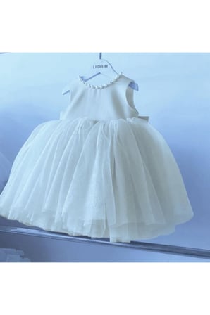 Kidslife Kız Çocuk Arka V Kesim Inci Detaylı Beyaz Renk Doğum Günü Özel Gün Elbise