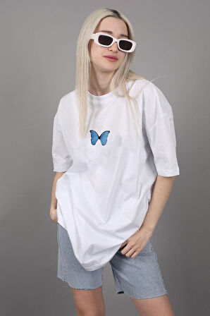 T-shirt Mavi Kelebek Baskılı Pamuk Bisiklet Yaka Oversize