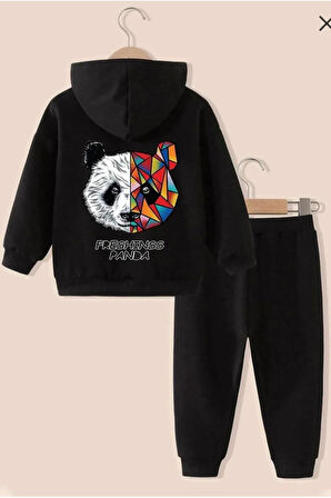 Kız Çocuk Unicorn Kalp Baskılı Kapüşonlu Sweatshirt Eşofman Takımı