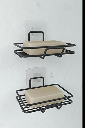 Yapışkanlı 2 li Set Sabunluk Banyo Mutfak Lavabo Metal Katı Sabunluk Siyah