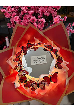 Kırmızı kelebek buketi ledli - Sana senden daha güzel bir çiçek bulamadım aynalı çiçek- ayna buketi