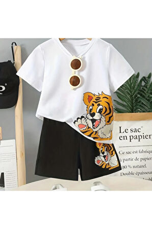 Çocuk Tasarım Aslan Yavrusu Baskılı T-Shirt Şort Alt Üst Takım %100 Pamuk